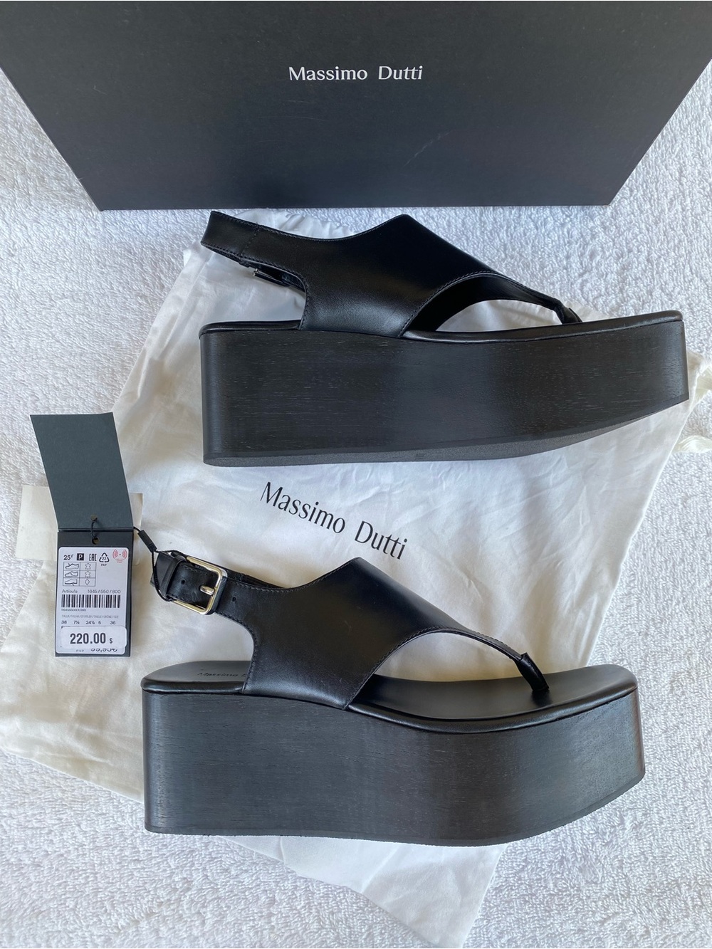 Massimo Dutti Black Leather Slingback Platform Sandals